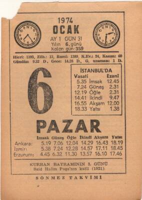 6 Ocak 1974 Takvim Yaprağı EFM(N)4869 - 1