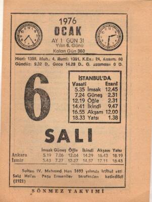 6 Ocak 1976 Takvim Yaprağı EFM(N)4807 - 1