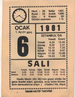 6 Ocak 1981 Takvim Yaprağı EFM(N)4652 - 1