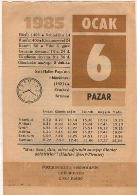 6 Ocak 1985 Takvim Yaprağı EFM(N)4776 - 1