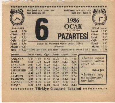 6 Ocak 1986 Takvim Yaprağı EFM(N)5024 - 1