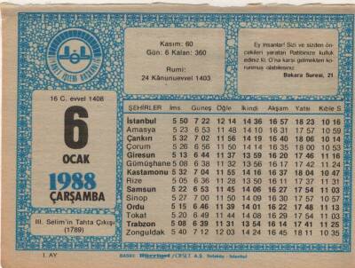 6 Ocak 1988 Takvim Yaprağı EFM(N)4900 - 1