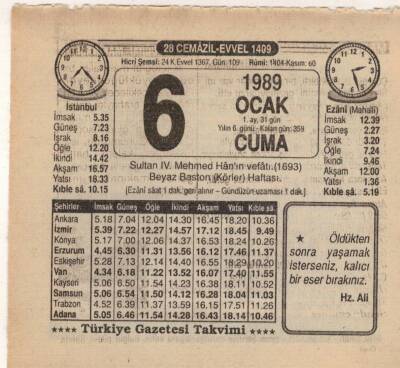 6 Ocak 1989 Takvim Yaprağı EFM(N)4714 - 1