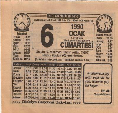 6 Ocak 1990 Takvim Yaprağı EFM(N)4683 - 1