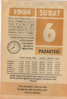 6 Şubat 1984 Takvim Yaprağı EFM(N)5329 - 1