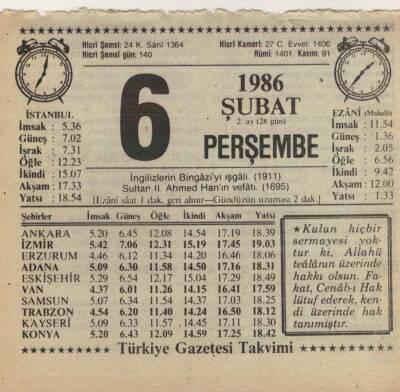 6 Şubat 1986 Takvim Yaprağı EFM(N)5217 - 1