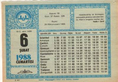 6 Şubat 1988 Takvim Yaprağı EFM(N)5496 - 1