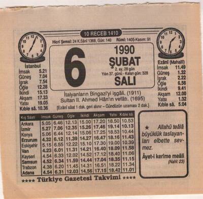 6 Şubat 1990 Takvim Yaprağı EFM(N)5189 - 1