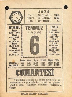 6 Temmuz 1974 Takvim Yaprağı - Doğum Günü Hediyesi EFM(N)12125 - 1