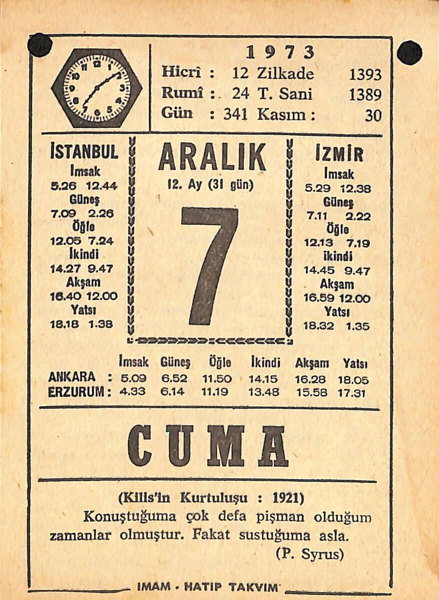 7 Aralık 1973 Takvim Yaprağı - Doğum Günü Hediyesi EFMN13679 - 1