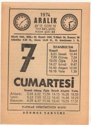 7 Aralık 1974 Takvim Yaprağı EFM(N)4289 - 3