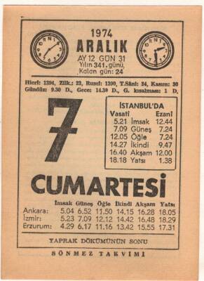 7 Aralık 1974 Takvim Yaprağı EFM(N)4289 - 1