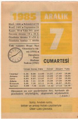 7 Aralık 1985 Takvim Yaprağı EFM(N)4104 - 3