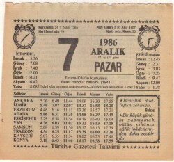 7 Aralık 1986 Takvim Yaprağı EFM(N)4319 - 3