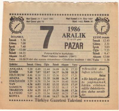 7 Aralık 1986 Takvim Yaprağı EFM(N)4319 - 3