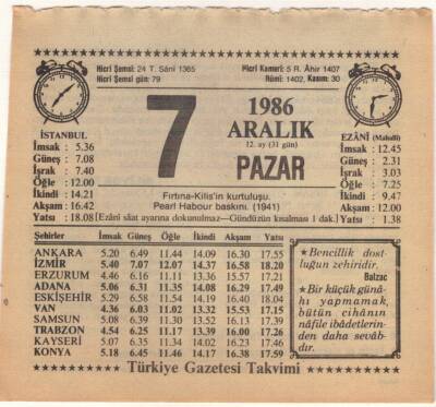 7 Aralık 1986 Takvim Yaprağı EFM(N)4319 - 1