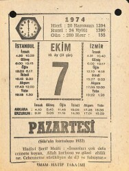 7 Ekim 1974 Takvim Yaprağı - Doğum Günü Hediyesi EFM(N)10568 - 1