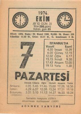 7 Ekim 1974 Takvim Yaprağı EFM(N)2977 - 3