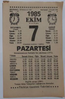 7 Ekim 1985 Takvim Yaprağı - Doğum Günü Hediyesi EFM(N)6841 - 1