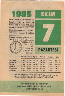 7 Ekim 1985 Takvim Yaprağı EFM(N)3039 - 3