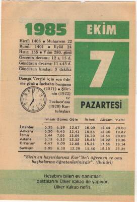 7 Ekim 1985 Takvim Yaprağı EFM(N)3039 - 1