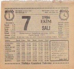 7 Ekim 1986 Takvim Yaprağı EFM(N)3070 - 3