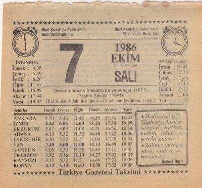 7 Ekim 1986 Takvim Yaprağı EFM(N)3070 - 1