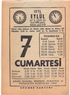 7 Eylül 1974 Takvim Yaprağı EFM(N)2649 - 2