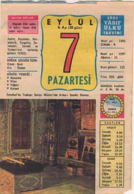 7 Eylül 1981 Takvim Yaprağı EFM(N)2778 - 3