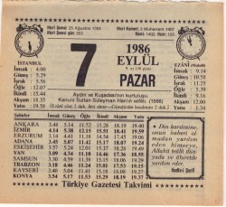 7 Eylül 1986 Takvim Yaprağı EFM(N)2652 - 3