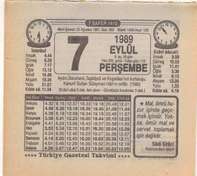 7 Eylül 1989 Takvim Yaprağı EFM(N)2654 - 3