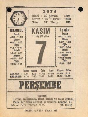 7 Kasım 1974 Takvim Yaprağı - Doğum Günü Hediyesi EFM(N)10769 - 4