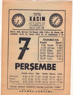 7 Kasım 1974 Takvim Yaprağı EFM(N)3317 - 3