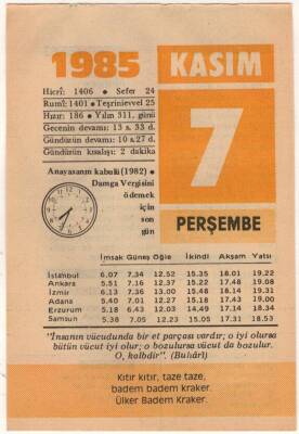 7 Kasım 1985 Takvim Yaprağı EFM(N)3377 - 1