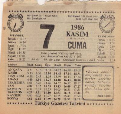 7 Kasım 1986 Takvim Yaprağı EFM(N)3407 - 3