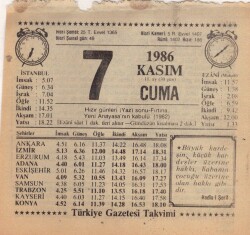 7 Kasım 1986 Takvim Yaprağı EFM(N)3407 - 2