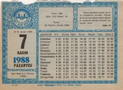 7 Kasım 1988 Takvim Yaprağı EFM(N)3437 - 3