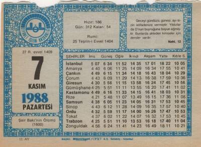 7 Kasım 1988 Takvim Yaprağı EFM(N)3437 - 2