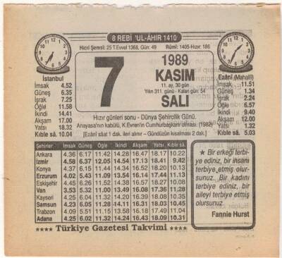 7 Kasım 1989 Takvim Yaprağı EFM(N)3467 - 3