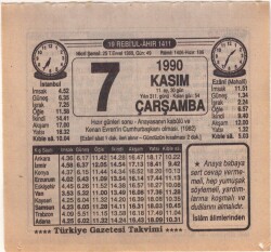 7 Kasım 1990 Takvim Yaprağı EFM(N)3921 - 3