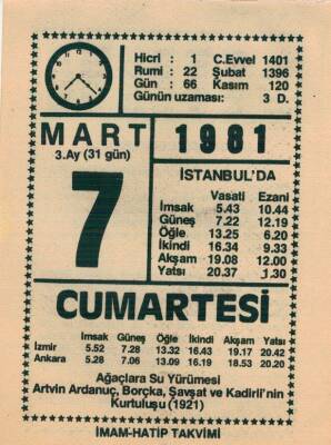 7 Mart 1981 Takvim Yaprağı EFM(N)6009 - 2