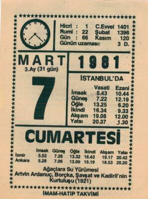 7 Mart 1981 Takvim Yaprağı EFM(N)6009 - 1