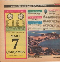 7 Mart 1984 Takvim Yaprağı EFM(N)5793 - 1