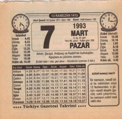 7 Mart 1993 Takvim Yaprağı EFM(N)6039 - 3