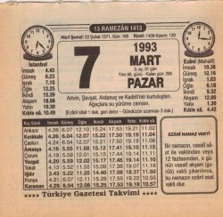 7 Mart 1993 Takvim Yaprağı EFM(N)6039 - 2