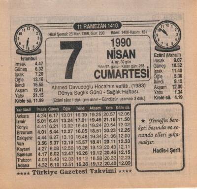 7 Nisan 1990 Takvim Yaprağı EFM(N)6160 - 1