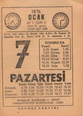 7 Ocak 1974 Takvim Yaprağı EFM(N)4870 - 1