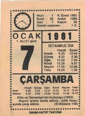 7 Ocak 1981 Takvim Yaprağı EFM(N)4653 - 1