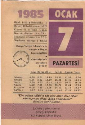 7 Ocak 1985 Takvim Yaprağı EFM(N)4777 - 1