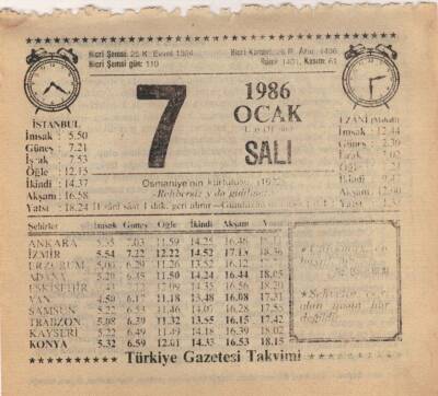 7 Ocak 1986 Takvim Yaprağı EFM(N)5025 - 1